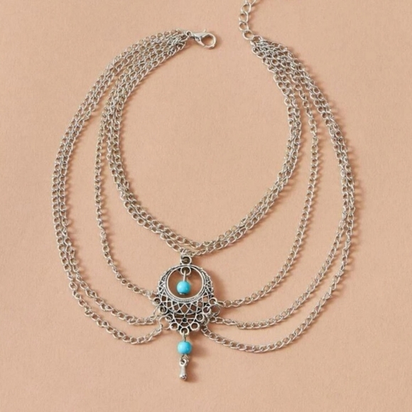 New & Unique Silver Anklet Multi-layer with Turquoise Beads - Picture 3 of 11